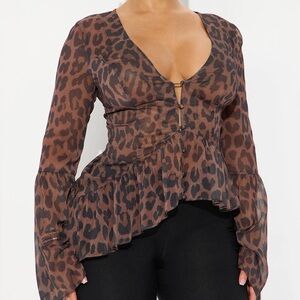 Fashion Nova Brown Leopard Print Chiffon Blouse